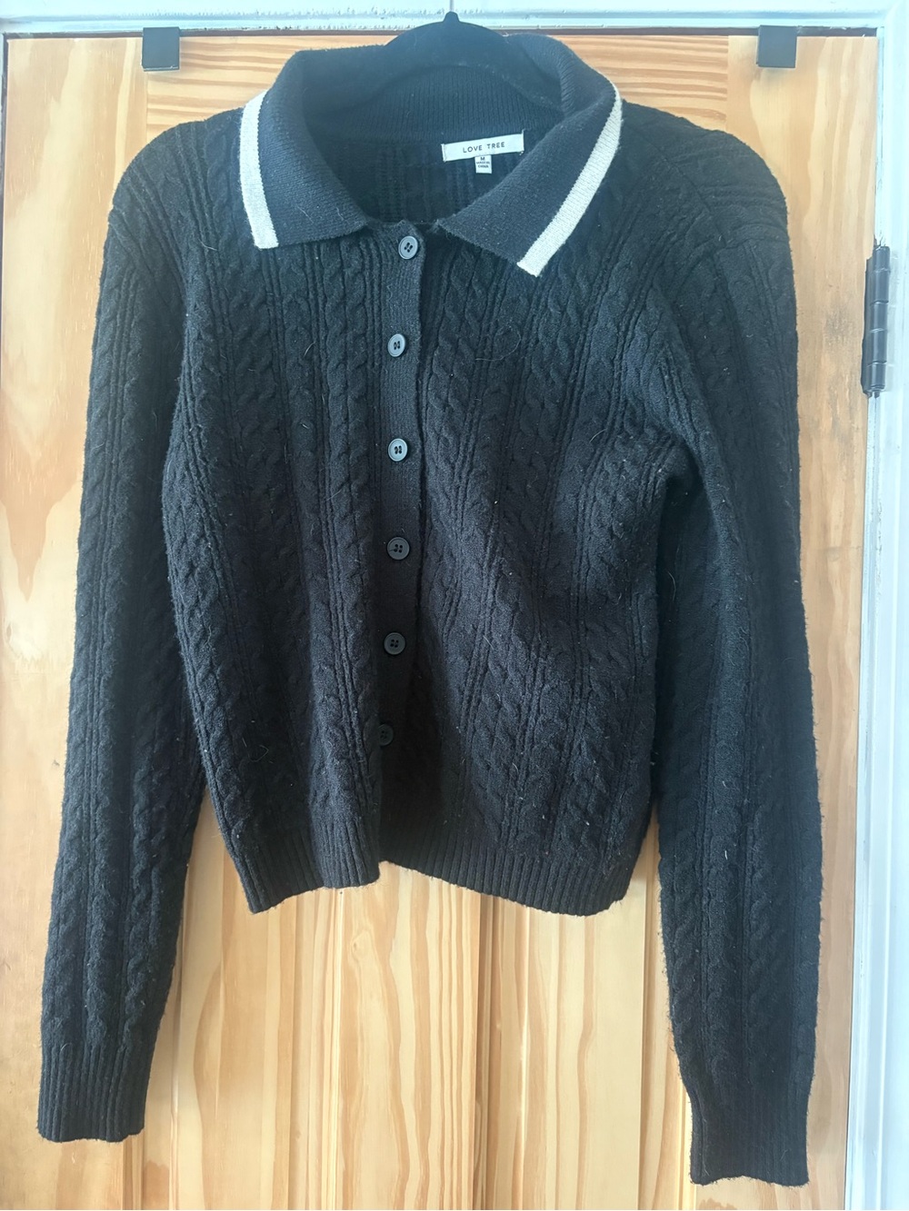 Love Tree Black Cable Knit Cardigan with White-Trim Polo Collar